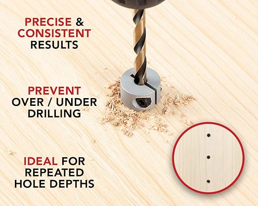 Professional Stop Collar Set - Drill Bit Depth Stop - 8 Piece Kit (1/2”, 7/16”, 3/8”, 5/16”, 1/4", 7/32”, 3/16”, 1/8”) Superior Aluminum Split Ring Design