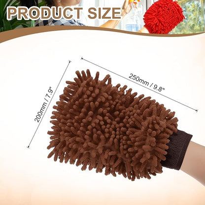 HARFINGTON Chenille Microfiber Car Wash Mitts 9.8" x 7.9" Scratch Free Wash Gloves Absorbent Double Sided Plush Cleaning Drying Mitts for Car Washing Home Brown