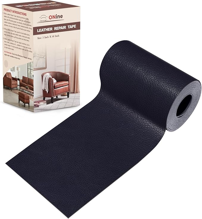ONine Leather Repair Patch，Leather Repair Tape, 3 x 60 inches Leather Repair Patch for Furniture,Vinyl Repair Kit，Leather Couch Patch，for Sofas, Furniture, Car Seats, Office Chairs(Dark Blue Leather)
