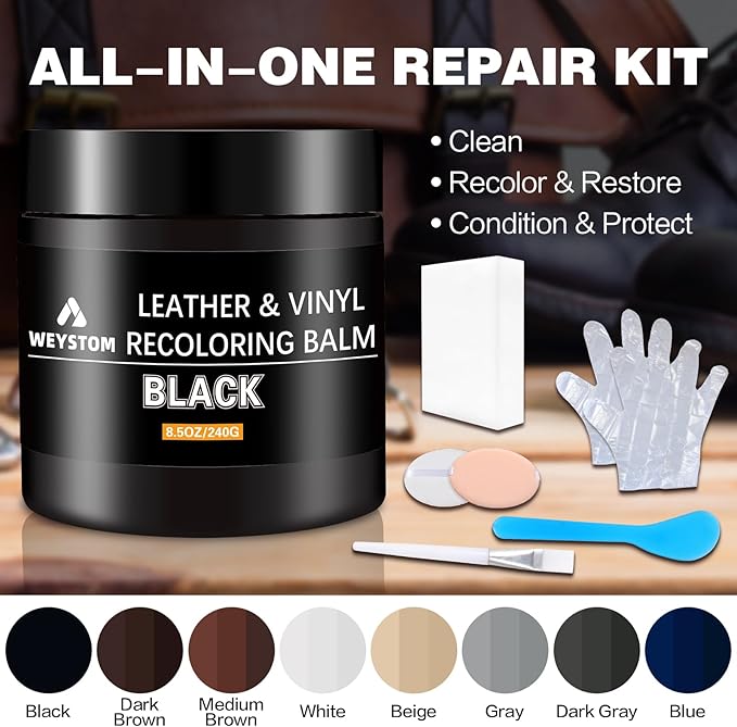 WEYSTOM Leather Recoloring Balm - Black Leather Repair Kit for Furniture, Dye, Recolor, Renew, Repair & Restore Aged, Faded, Cracked, Peeling and Scuffed