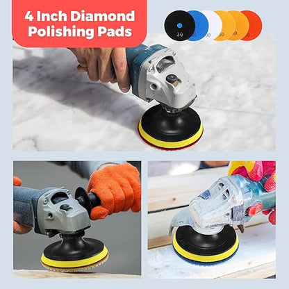 Blosssound 20 Pcs 4 Inch Diamond Polishing Pads with 5/8''-11 Backer Pad and Drill Bit Adapter Wet Dry Polish Pad Kit Granite Polishing Kit 30-10000 Grit Pads for Granite Marble Stone