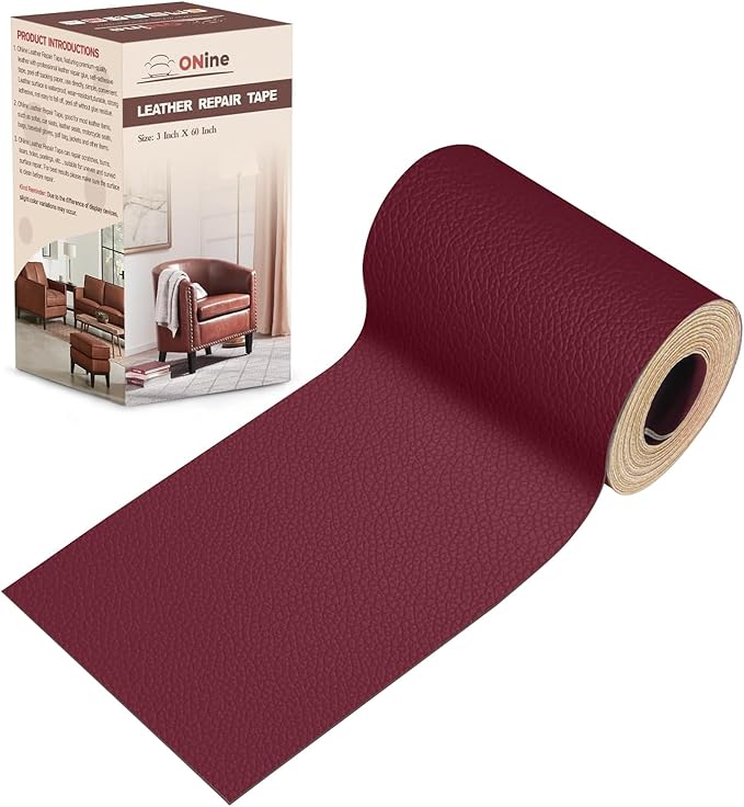 ONine Leather Repair Patch，Leather Repair Tape, 3 x 60 inches Leather Repair Patch for Furniture,Vinyl Repair kit，Leather Couch Patch，for Sofas, Furniture, car SeatsWine red-Litchi Grain