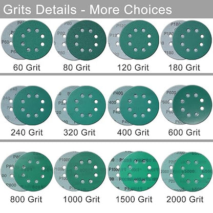 5 Inch 8 Hole 80 Pcs Sanding Discs Set Heavy-Duty Hook and Loop 60 80 100 120 150 180 240 320 Grit Polyester Green Film Backed Sandpaper Wet Dry Sanding Disc for Random Orbital Sander