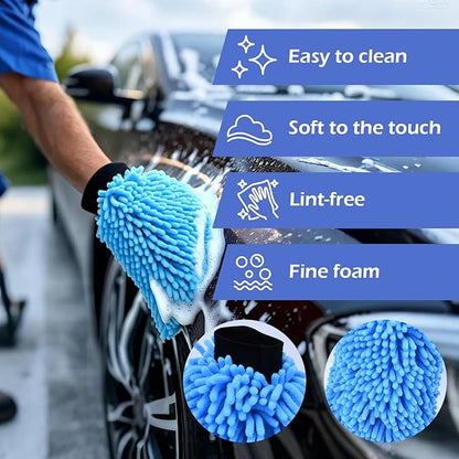 Car Wash Mitt Microfiber Gloves Chenille Material Microfiber Towels for Car Washing Supplies Kit Scratch Free Cleaning Fluorescent Green 2Pcs