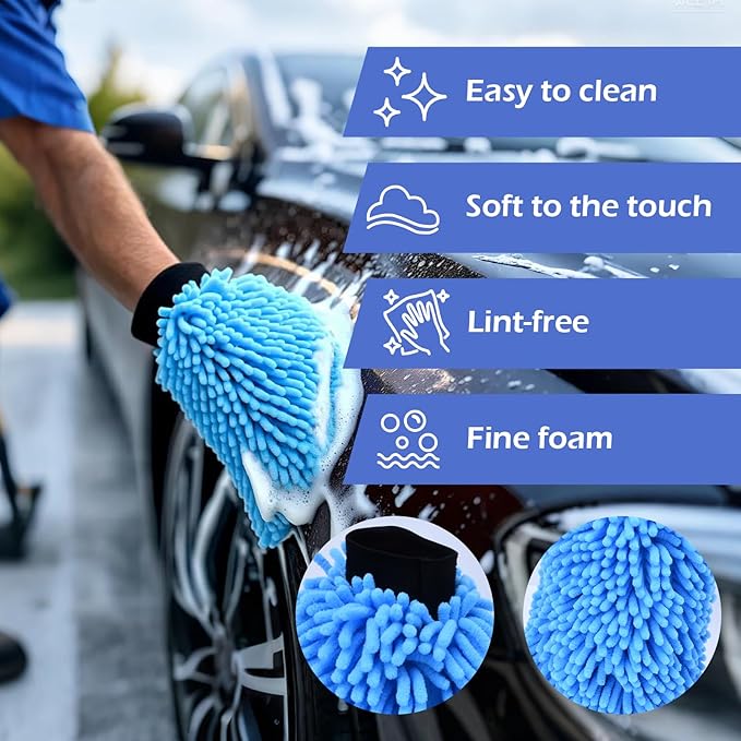 4Pcs Car Wash Mitt Microfiber Gloves Chenille Material Microfiber Towels for Car Washing Supplies Kit Scratch Free Cleaning Fluorescent Green + Royal Blue