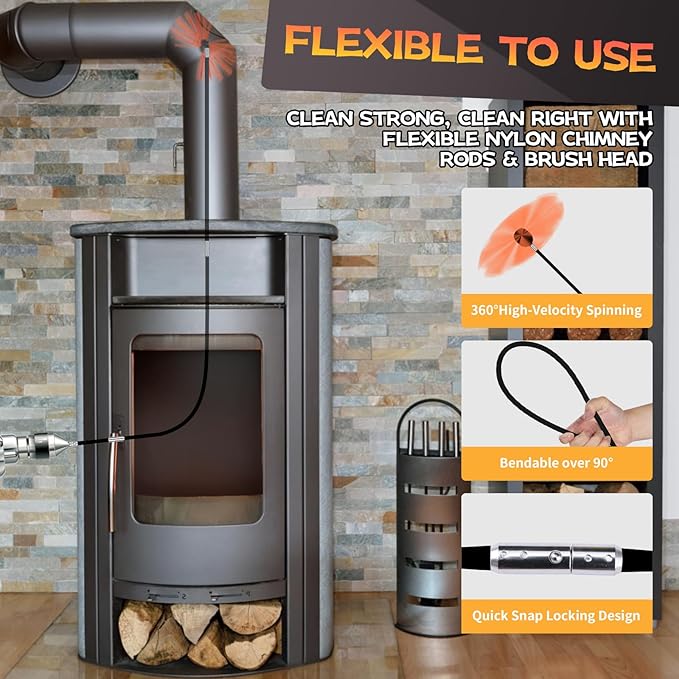 Cleancraft 26 Feet Chimney Sweep Kit, Chimney Cleaning Kit with 8 Flexible Black Chimney Rods, Chimney Brush for Sweeping Fireplace, Rotary Chimney Cleaning System Driven by Drill