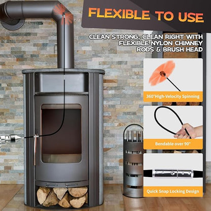 Cleancraft 39 Feet Chimney Sweep Kit, Chimney Cleaning Kit with 12 Flexible Black Chimney Rods, Chimney Brush for Sweeping Fireplace, Rotary Chimney Cleaning System Driven by Drill