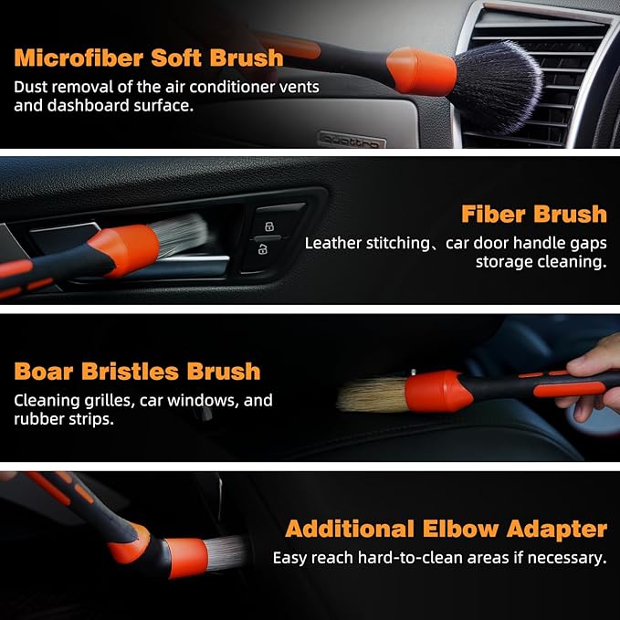 9PCS Car Detailing Brush Set, Bristle Horse Hair Boars Hair Brush with Elbow Adapter, Microfiber Wax Applicator Pads, Drying Towel and Cleaning Gel, Cleaning Kit for Car Interior and Exterior