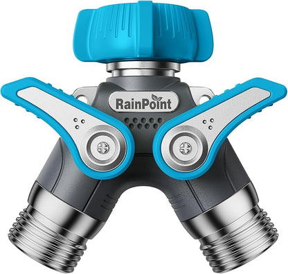 RAINPOINT Garden Hose Splitter, 2 Way Heavy Duty Water Hose Y Spigot Splitter with Shutoff Valves, 100% Metal Body Outdoor Faucet Splitter, 1.9" Extra Long Metal Handle, 3/4" GHT Thread (2, Blue)