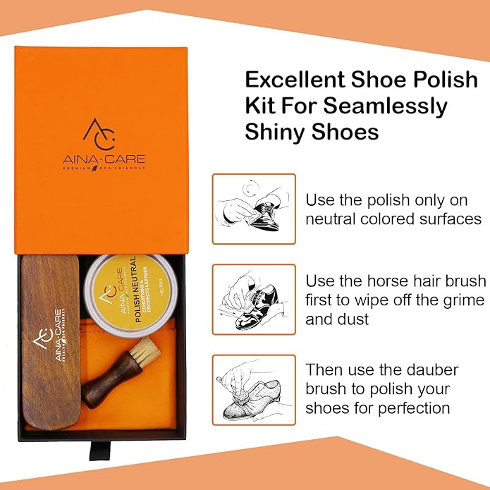 Aina Care Premium I Shoe Care Kit Cream Neutral - Shoe Polish for Leather, Suede & Nubuck Shoes - Shoe Shine Kit (1 Dauber Brush, 1 Horsehair Brush, 1 Microfiber Cloth), 1.69 oz, Transparent