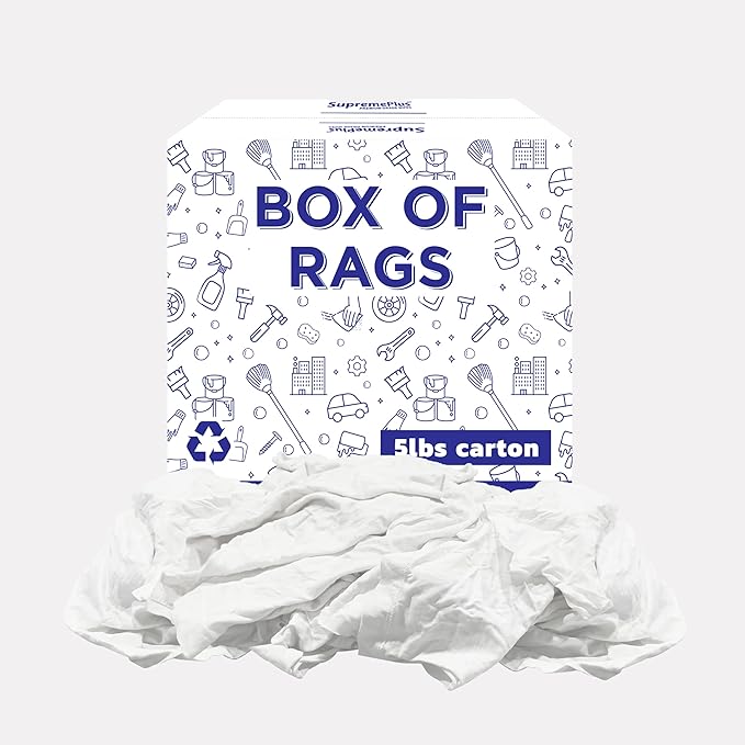 Recycled White T-Shirt Cleaning Rags - (5 lbs. Box) Shop Rag Bulk for Oil, Stain, Grease, Paint, and Auto Cleaning, Multipurpose White Cotton Rags