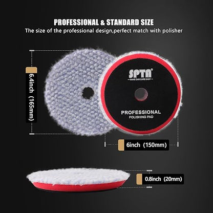 SPTA Wool Polishing Pad, 2Pcs 6''(150mm) Coarse Wool Cutting Pad, Coarse Pad BlueWool Buffing Pads Set with Hook and Loop for Heavy Cut for Car Polisher, Buffing and Polishing