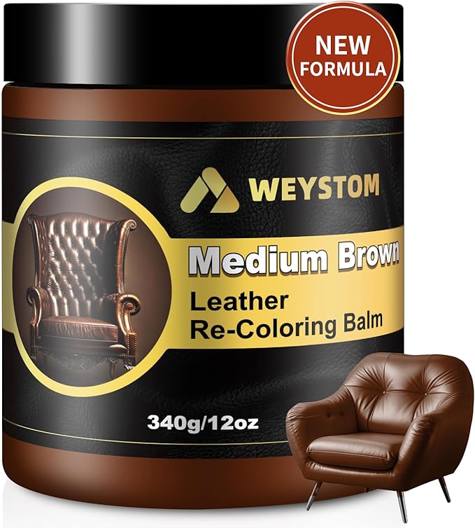 WEYSTOM Leather Recoloring Balm, 12oz Large Size Leather Dye, Color Restorer, Scratch Repair, Furniture & Couch Restorer Kit, Repair Kit for Furniture(Medium Brown)