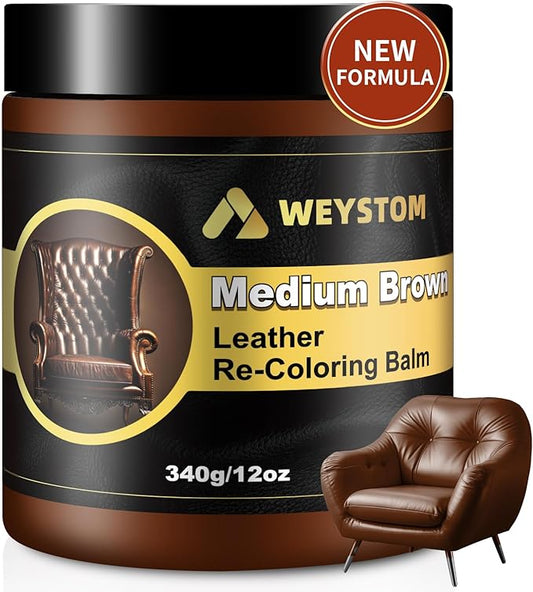 WEYSTOM Leather Recoloring Balm, 12oz Large Size Leather Dye, Color Restorer, Scratch Repair, Furniture & Couch Restorer Kit, Repair Kit for Furniture(Medium Brown)