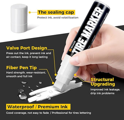 SELEAD Jumbo Tire Marker White - 4 Pack 15mm Wide Tip Paint Pens for Car Tires Lettering, Large Capacity Premium Ink Waterproof Permanent Markers