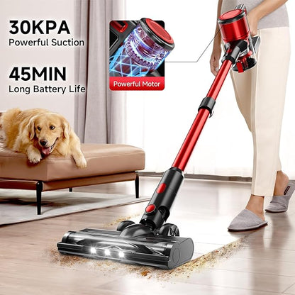 BSNAW Cordless Vacuum Cleaner for Home - Lightweight, Stick Vacuum Clean with Rechargeable Battery, Max 45Mins Runtime, 8 in 1 Handheld Vacuum for Hardfloor & Carpets Pet Hair, Red&Black