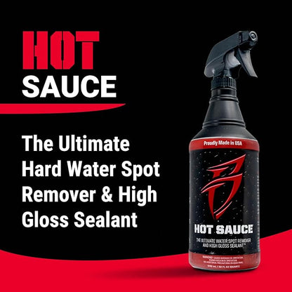 Boat Bling Hot Sauce To Go Kit, Hard Water Spot Remover, 1 Gallon with 3-Foot Sprayer and 3-Pack Microfiber Towels