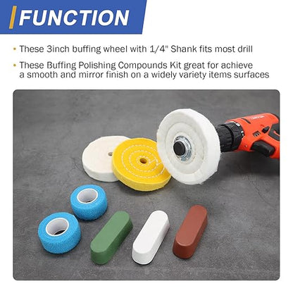 SCOTTCHEN 3inch Buffing Polishing Wheel with 1/4" Shank for Drill, 3/8" Arbor Hole,Soft/Fine/Medium -3pcs,with Buffing Polishing Cutting Compounds 7.4 Oz.Kit,with 2 Pack Non-Woven Bandage