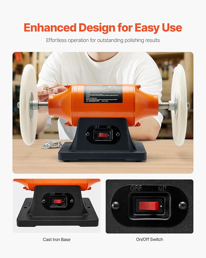 VEVOR 3/4HP Bench Buffer Polisher, 8-inch Bench Polishing Buffing Machine, 3450RPM Single Speed Benchtop Polisher with 2PCS Cloth Wheels & Cast Iron Base for Metal, Jewelry, Wood Polishing