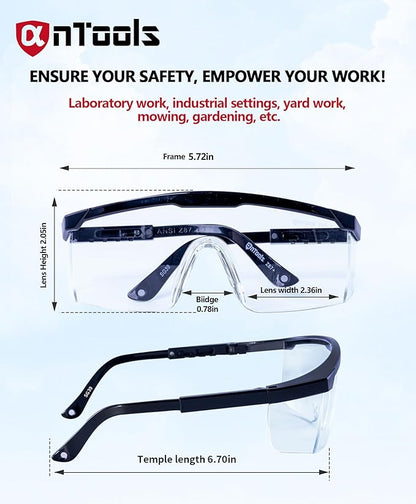 AnTools 2 Pack ANSI Z87+ Safety Glasses, Anti-Fog, Scratch-Resistant, Adjustable Temples, Clear Protective Eyewear, Lab Goggles