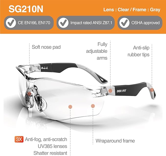 DEX FIT Safety Glasses SG210, Z87 Eye Protection, 3X Anti-Fog & Scratch Resistant, Adjustable (N Grey)