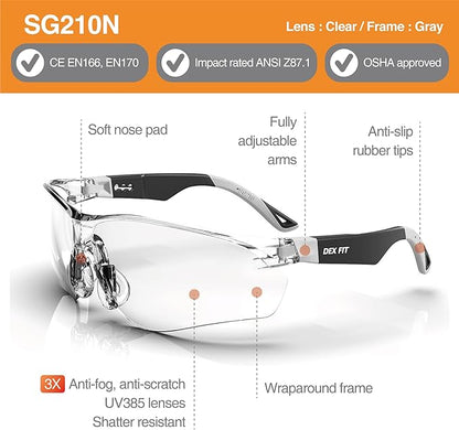 DEX FIT Safety Glasses SG210, Z87 Eye Protection, 3X Anti-Fog & Scratch Resistant, Adjustable (N Grey)