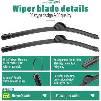 26" 26" 13" Windshield Wiper Blades Replacement for Porsche Cayenne VW Volkswagen Touareg 2011 2012 2013 2014 2015 2016 2017 Premium All Weather Front Rear Wipers Set - OEM Quality (Pack of 3)
