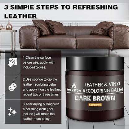 WEYSTOM Leather Recoloring Balm - Dark Brown Leather Repair Kit for Furniture, Dye, Recolor, Renew, Repair & Restore Aged, Faded, Cracked, Peeling and Scuffed