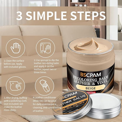 BSCPAM Beige Leather Recoloring Balm with 100ml Mink Oil,Leather Couch Scratch Remover,Leather Repair kit for Vinyl Furniture and Car Interior,Leather Dye Paint,Mink Oil for Leather
