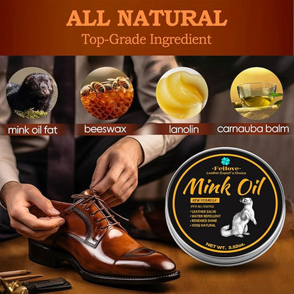 Feilove 4-in-1 Mink Oil Leather Conditioner and Cleaner 3.52 oz - Premium Waterproof Formula for Boots and Shoes