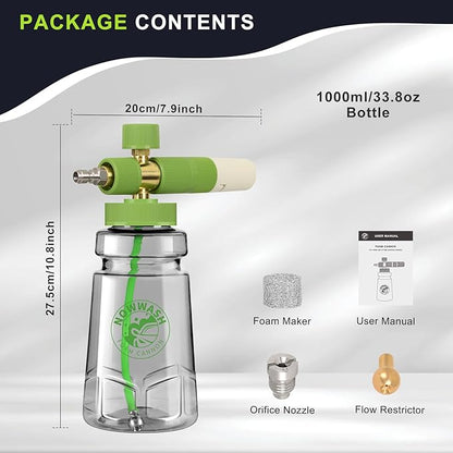 Foam Cannon with Foam Economizer for Pressure Washer, Soap Cannon with 1/4" Quick Connect & Adjustable Nozzle for Car Wash Fit Most Liquid Bottles, Additional 1.1 mm Orifice Nozzle (Green)