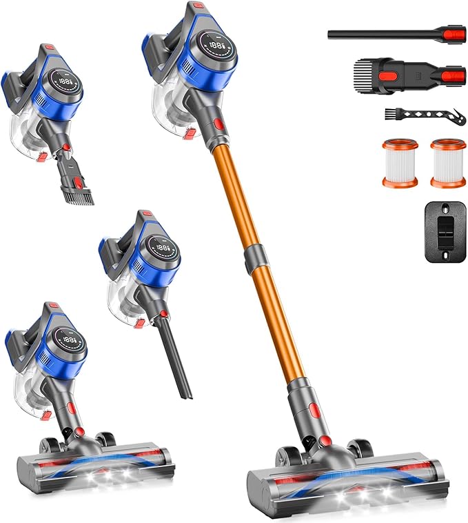 BSNAW Cordless Stick Vacuum Cleaner - Rechargeable, 35Kpa Powerful Vacuums with Detachable Battery, LED Display, 45Mins Runtime, 8 in 1 Handheld Vacuum for Hardfloor & Carpets Pet Hair, Blue
