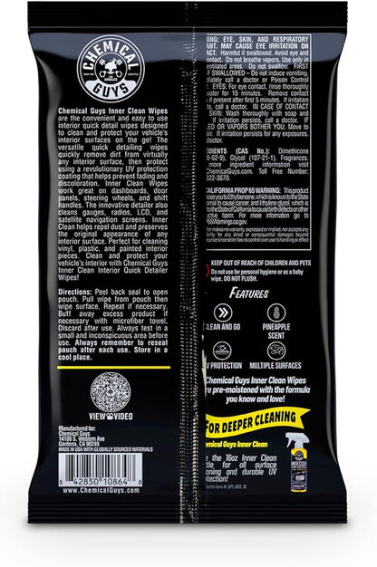 Chemical Guys InnerClean Interior Quick Detailer & Protectant Wipes – 50 Pack Multi Surface Interior Cleaner Wipes for Dashboards, Doors and Seats – Safe for Cars, Trucks, SUVs, RVs and Home Use