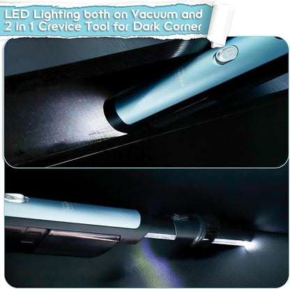VACFAM Handheld Cordless Vacuum Cleaner, Portable Car Vacuum with 18KPa Suction Power, Quick-Charge Hand Vac with LED Headlight & Storage Dock for Home Office Desk Keyboards Pet Hair, Blue
