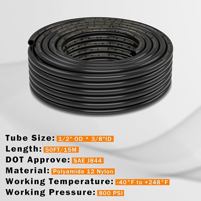 CheeMuii 50 FT 1/2" DOT Air Line PA12 Nylon 1/2 Pneumatic Tubing SAE J844 DOT Air Hose 15 Meter 1/2 Inch OD Pneumatic Air Tubing Pipe Hose Line