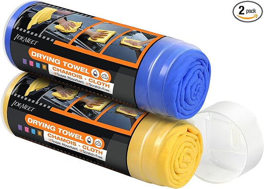 Premium Absorbent Car Drying Towel, 2 Pack 26''x17'' Super Soft Shammy Towel for Vehicle, Reusable Chamois Cloth for Car Drying, Dust Remove, Bathroom, Scratch/Spot/Streak Free, Yellow & Blue