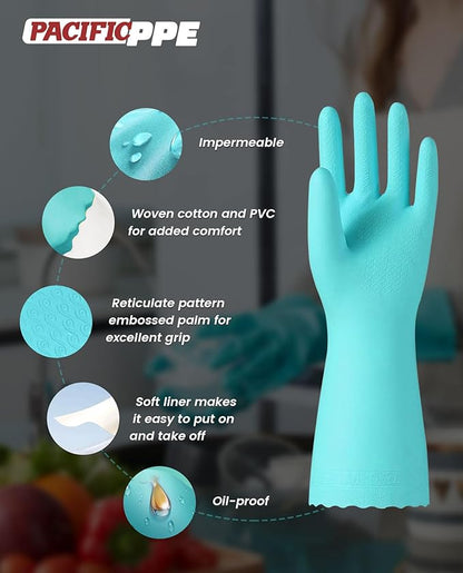 PACIFIC PPE 2 Pairs Reusable Dishwashing Cleaning Gloves with Latex Free, Cotton Lining, Kitchen Gloves, Green, Large