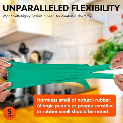 Vgo... 5-Pairs Reusable Household Gloves, Rubber Dishwashing gloves, Extra Thickness, Long Sleeves, Kitchen Cleaning, Working, Painting, Gardening, Pet Care (Size L, Green, HH4601)