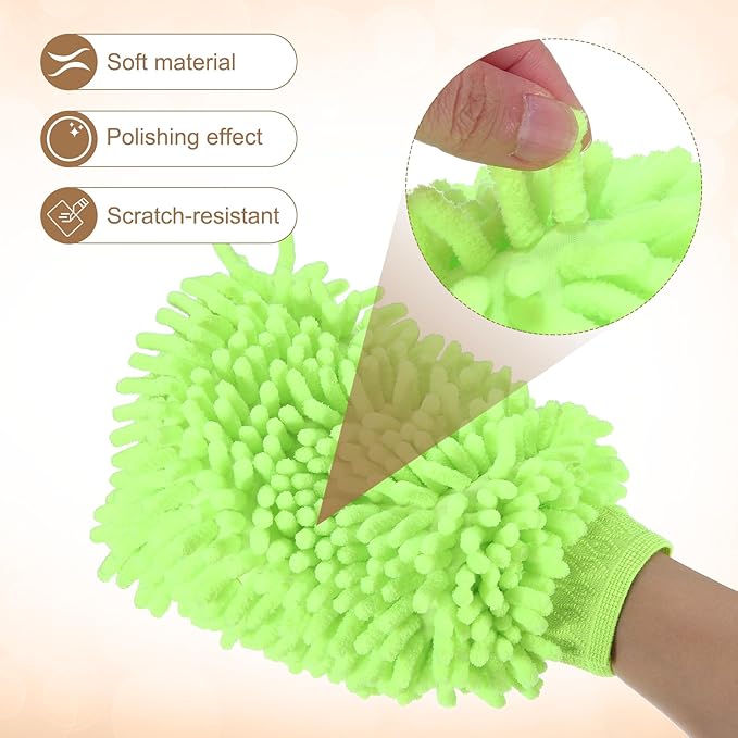 HARFINGTON Chenille Microfiber Car Wash Mitts 9.8" x 7.9" Scratch Free Wash Gloves Absorbent Double Sided Plush Cleaning Drying Mitts for Car Washing Home Light Green