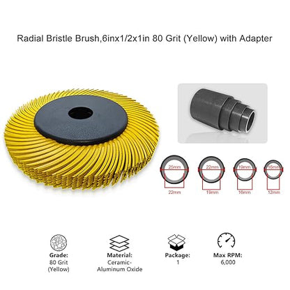 Radial Bristle Brush, 6 in x 1/2 in x 1 in, 80# Yellown, 1 Set (Contains Ten Single Pieces) and Reduction Sleeve