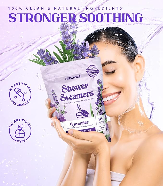 POPCHOSE Shower Steamers Aromatherapy - Christmas Stocking Stuffers for Women & Men,16 Pack Lavender Natural Essential Oils Shower Tablets, Self Care Relaxation & Home SPA, Birthday Gifts for Women