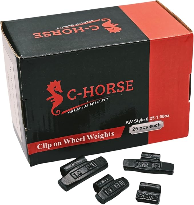 C-HORSE 100Pcs AW Series Clip on Wheel Weights Black Coated Assortment for Hammer Type Rim Balancers, 0.25oz, 0.50oz, 0.75oz, 1.0oz, 25pcs for Each Size Fit for Steel Wheel (AW Style, 0.25-1)