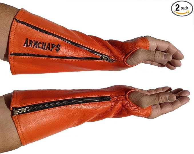 Arm Chaps Leather Protective Sleeves Arm Guard - Prevent Cuts, Scratches & Bruises - Genuine Cowhide - Ideal for Gardening & Construction - Left & Right Form-Fitting. Orange (1 Pair/Small).
