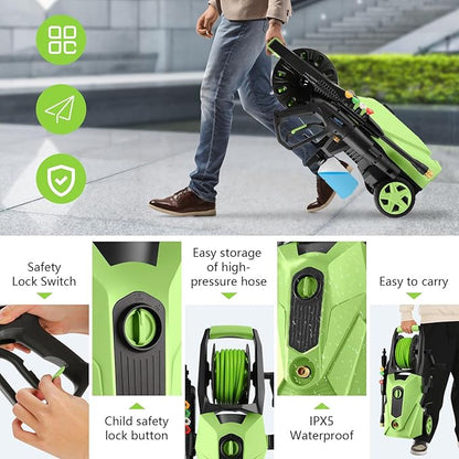 Electric Pressure Washer 5000 PSI,2.8 GPM Power Washer with Foam Cannon,Portable Cleaner with 33ft Hose Reel,4 Nozzle Tips,and Soap Bottle for Cars/Home/Driveways/Patios/Decks/Fences(Green)