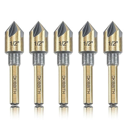 Countersink Drill Bit Set, 5 Pieces High Speed Steel 82 Degree 5 Flute 6mm Round Shank Mill Cutter Bit Countersink in Sizes 1/2" Set with Carrying Case.