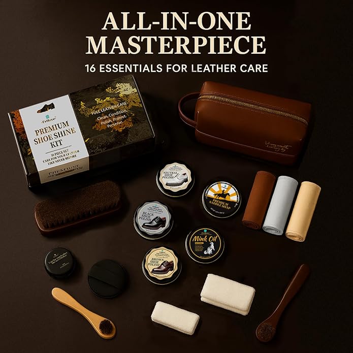 Shoe Care Kit – 16-in-1 Leather Shoe Polish, Cleaning & Conditioning Kit with Saddle Soap & Mink Oil – Black/Brown/Neutral Shoe Polish, 3 Horsehair Brushes – Luxury Leather Bag – Gift for Men & Women