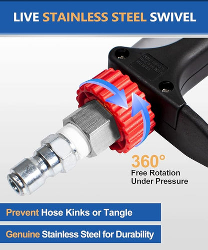 TOOLCY Pressure Washer Short Gun with Stainless Swivel & QC, 304 Stainless Steel 3/8" Plug & 1/4" Quick Connect, Commercial Grade, Max 5000 PSI / 10.5 GPM, Premium Power Washer Gun for Car Detailing