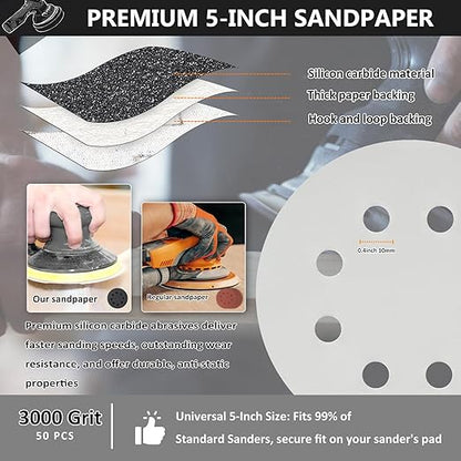 50PCS 5 Inch Hook and Loop Sanding Discs 3000 Grit, 8 Hole Wet Dry Orbital Sander Sand Paper, Silicon Carbide Sandpaper for Automotive Wood Metal Glass