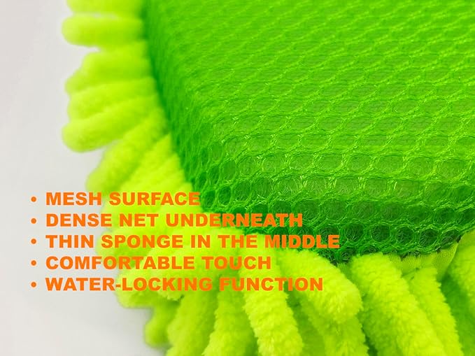 WAKALALA Microfiber Car Wash Mitt, Dual-Sided Cleaning Glove, High-Density Chenille, Non-Scratch Cleaning Sponge (1, Green)