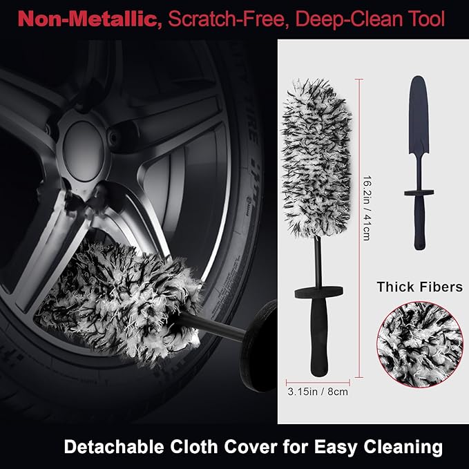 4PCS Professional Wheel Detailing Set - Metal-Free Flat Rim Brush, Dual-Hardness Tire Brushes & Lint-Free Towel | Scratch-Free Brake Dust Removal for All Vehicles